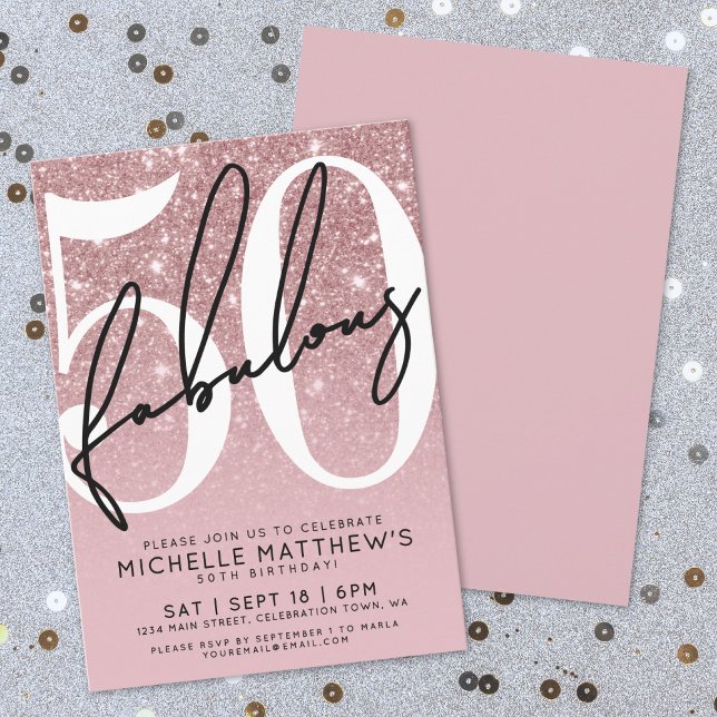 Rose Gold Femtio Fantastisk 50-årsdag Inbjudningar (Rose Gold Fifty Fabulous 50th Birthday Invitation)
