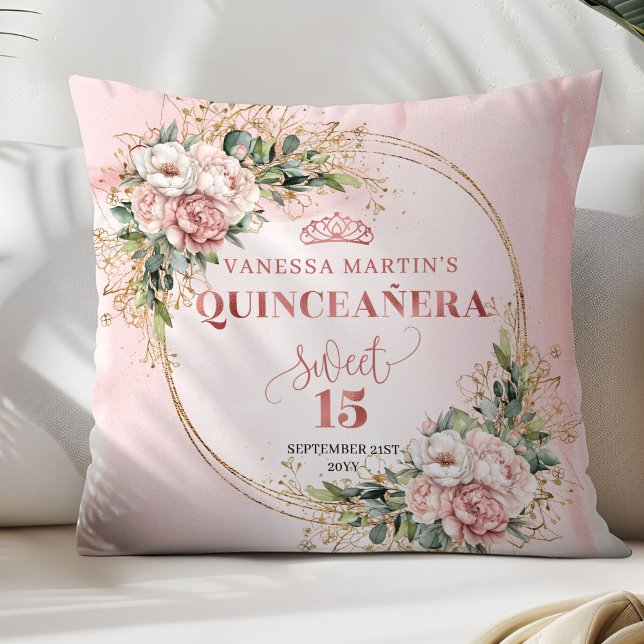 Rose Gold Floral Eucalyptus Quinceañera Gift Kudde (Rose Gold Floral Eucalyptus Quinceañera Pillow Gift)