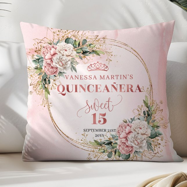 Rose Gold Floral Eucalyptus Quinceañera Gift Kudde (Rose Gold Floral Eucalyptus Quinceañera Pillow Gift)