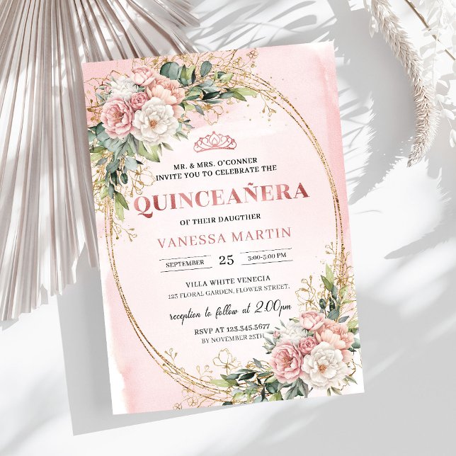 Rose Gold Floral Eucalyptus Quinceañera Invitation Inbjudningar (Rose Gold Floral Eucalyptus Quinceañera Invitation)