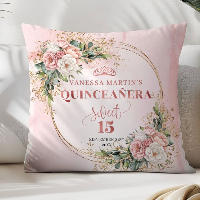 Rose Gold Floral Eucalyptus Quinceañera Pillow Kudde (Elegant Rose Gold Floral Quinceañera 15th Birthday Pillow)