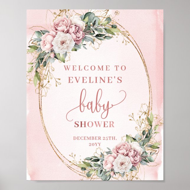 Rose Gold Floral Eucalyptus Welcome Baby Shower  Poster (Framsidan)