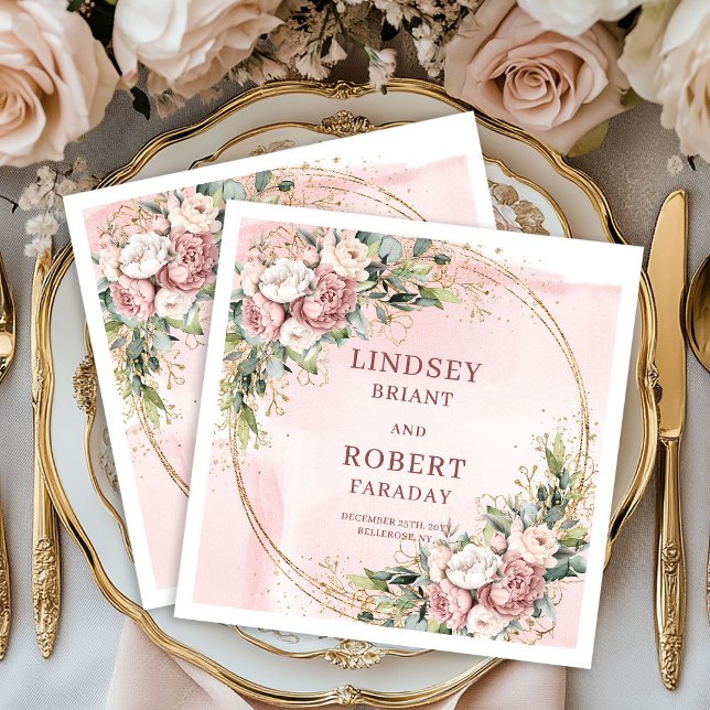 Rose Gold Floral Greenery Gold Glitter Wedding  Pappersservett (Rose Gold Floral Greenery Gold Glitter Wedding Napkins)