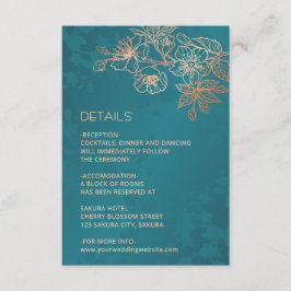Rose Gold Floral Line Art Teal Wedding Tilläggskort