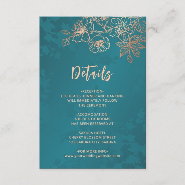 Rose Gold Floral Line Art Teal Wedding Tilläggskort (Framsida)