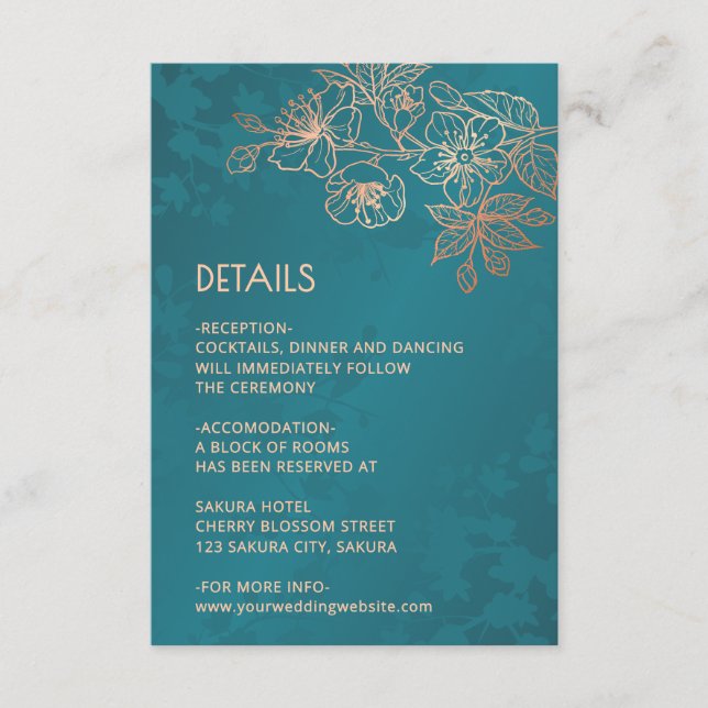 Rose Gold Floral Line Art Teal Wedding Tilläggskort (Framsida)