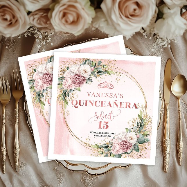 Rose Gold Floral Napkins for Sweet 15 Celebration Pappersservett (Rose Gold Floral Napkins for Sweet 15 Celebration)