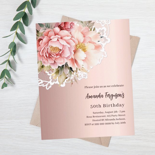 Rose gold florals lace 50-årsinbjudan (Skapare uppladdad)