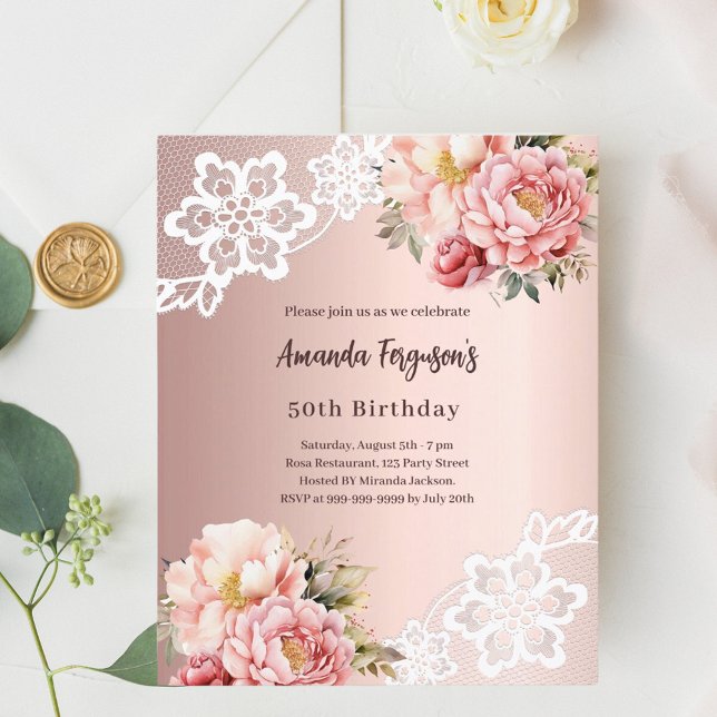 Rose gold florals lace 50-årsinbjudan (Skapare uppladdad)