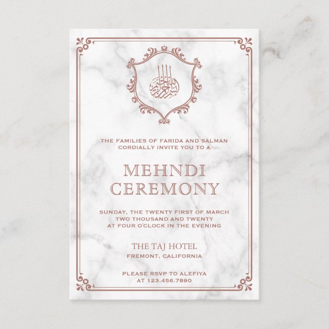Rose Gold Flourish Vit Marmor Islamisk Mehndi Tilläggskort (Framsida)