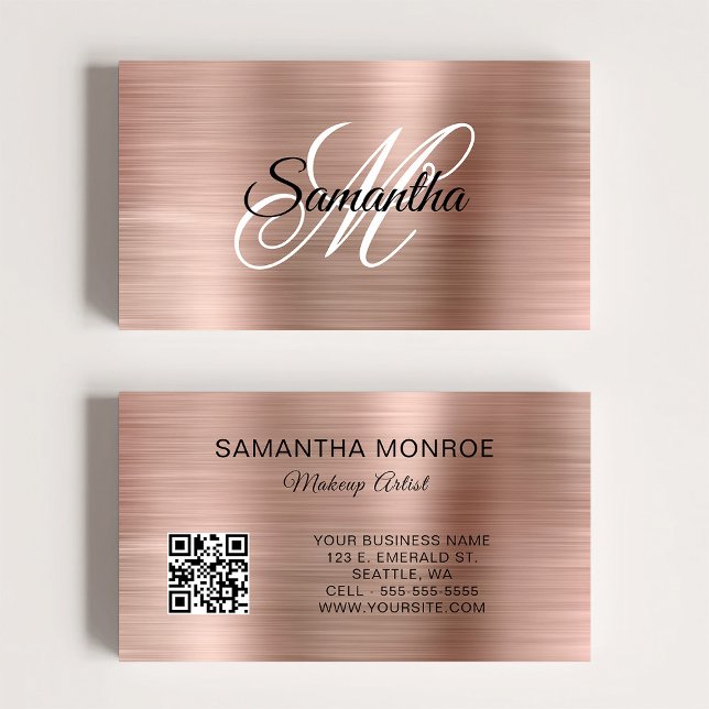 Rose Gold Foil Fancy Monogram QR Code Visitkort (Rose Gold Foil Fancy Monogram QR Code Business Card)