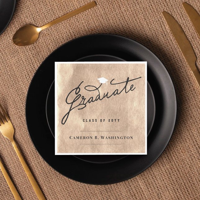 Rose Gold Folie Examensfirande Elegant Examenfest Pappersservett (Stylish Graduate Script Copper Foil Modern Graduation Party Paper Napkin @ zazzle.com/color_therapy)