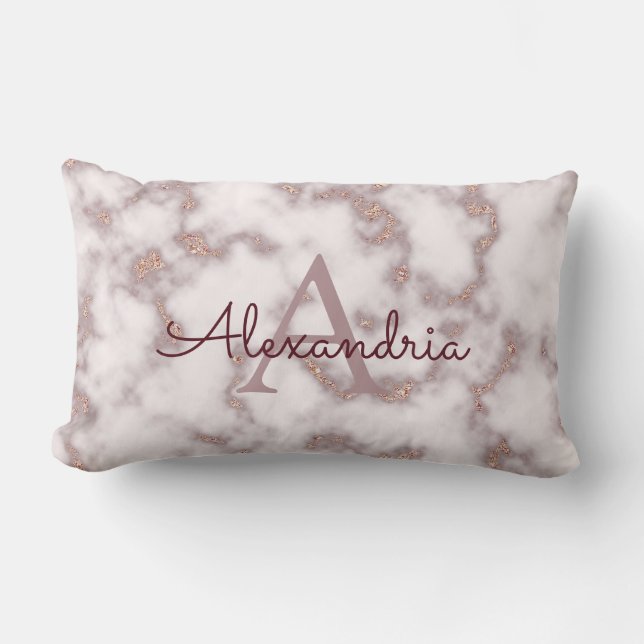 Rose Gold Folie Glitter i Rosa Marmor Monogram Lumbarkudde (Framsida)