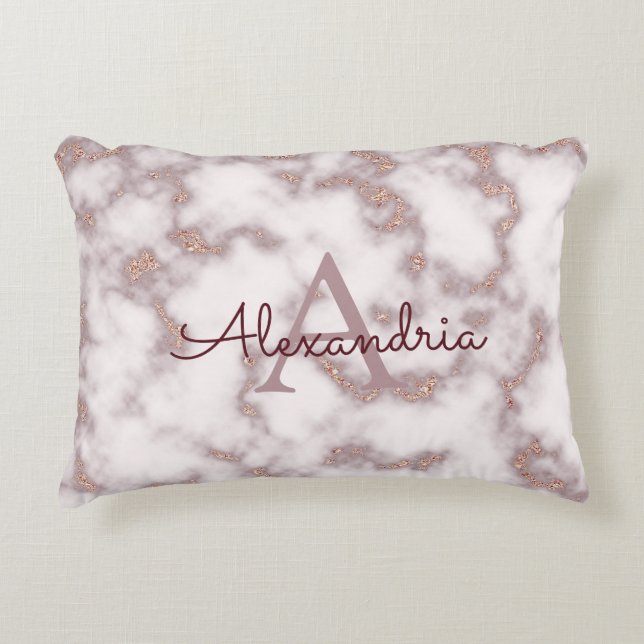 Rose Gold Folie Glitter i Rosa Marmor Monogram Prydnadskudde (Framsidan)