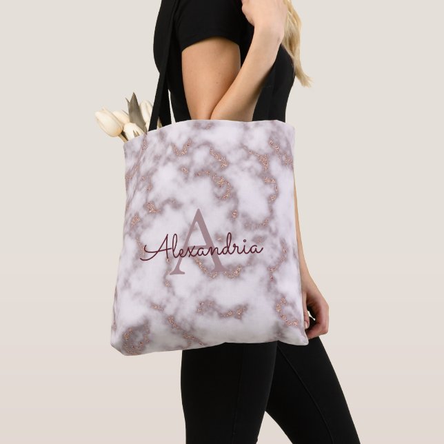 Rose Gold Folie Glitter i Rosa Marmor Monogram Tygkasse (Närbild)