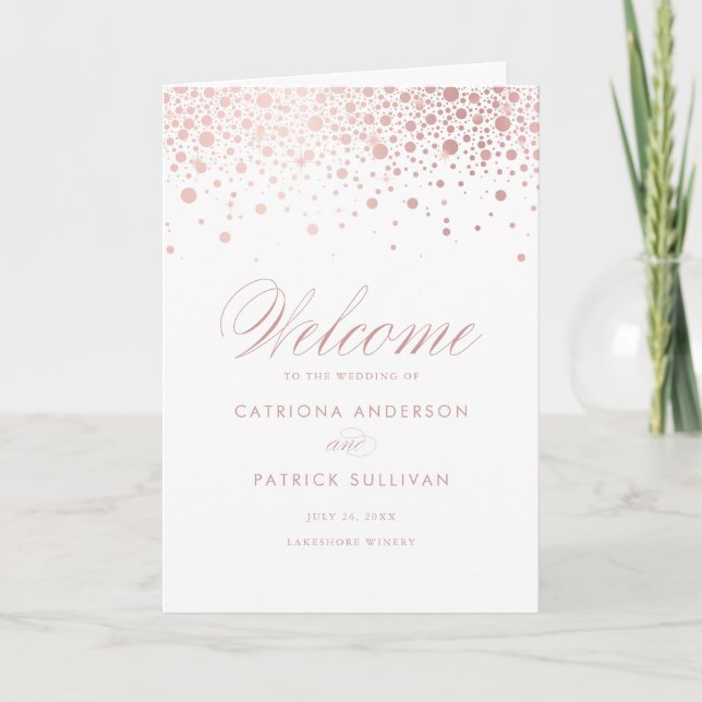Rose Gold Folie Konfettiprickar Vit Bröllopsbrosch Program (Framsida)