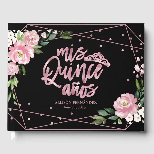 Rose Gold Folie Rosa Svart Blommig Quinceanera Gästböcker (Framsida)