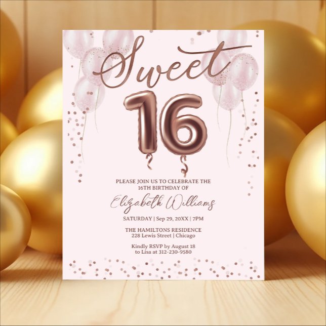 Rose Gold Folie Sweet 16 Ballonger Budget Inbjudan (Skapare uppladdad)