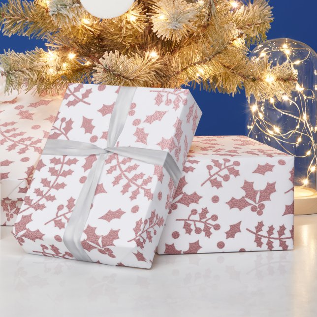 Rose Gold Folie & Vit Jul Holly Jul Presentpapper (Helgdagar)