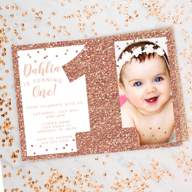 Rose Gold Första Födelsedagsinbjudan, Falsk Glitte Inbjudningar (Skapare uppladdad)