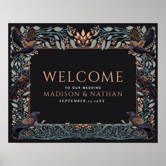 Rose Gold Förtrollad Raven Blommig Bröllops Välkom Poster (Framsidan)
