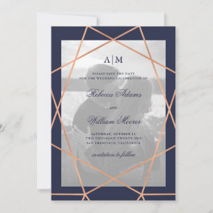 Rose Gold Geometrisk och Midnatt Blå Foto Spara Datumet