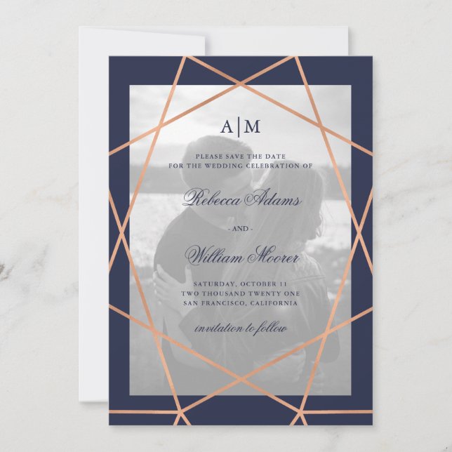 Rose Gold Geometrisk och Midnatt Blå | Foto Spara Datumet (Framsida)