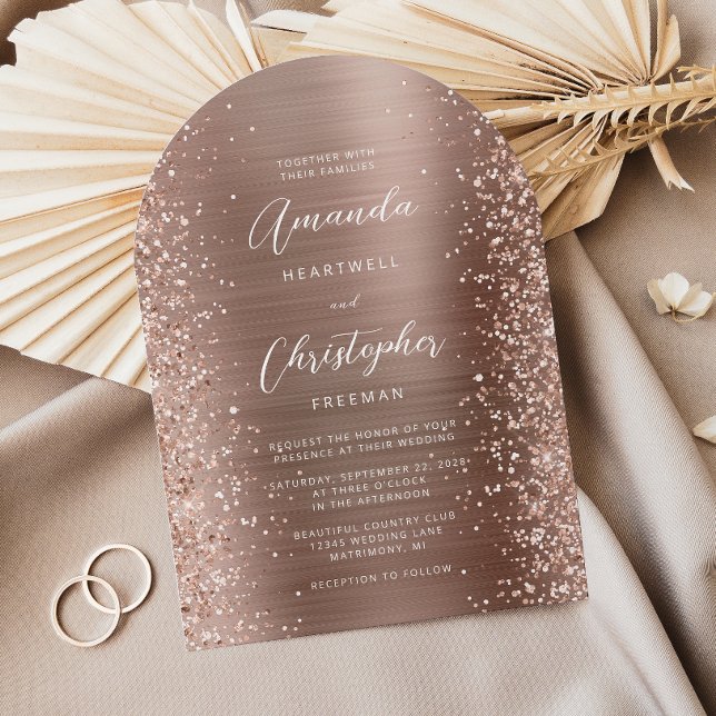 Rose Gold Glam Borstad Metall Glitter Båge Bröllop Inbjudningar (Skapare uppladdad)