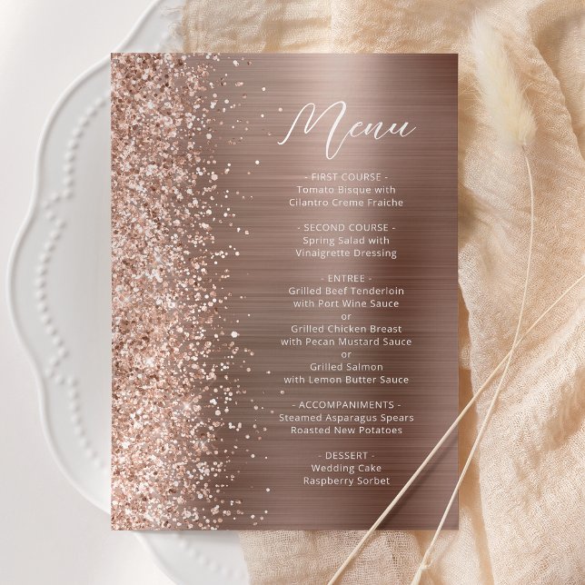 Rose Gold Glam Glitter Script Bröllop Meny (Skapare uppladdad)