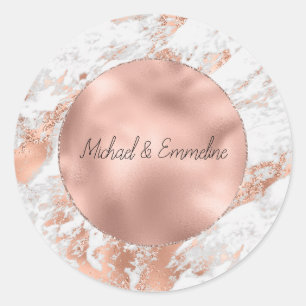 Rose Gold Glans Vit Marmor Bröllop Runt Klistermärke