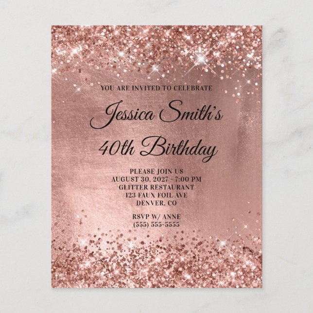 Rose Gold Glänsande Glam 40-års Födelsedagsinbjuda (Framsida)