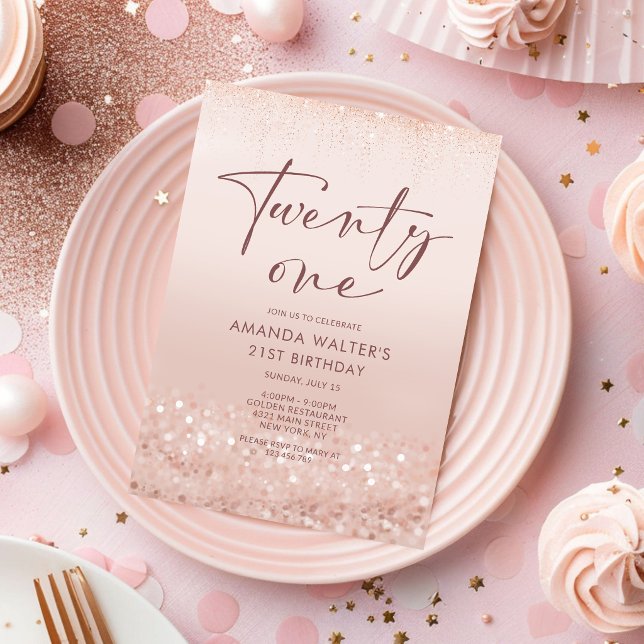 Rose Gold Glitter 21-års födelsedagsinbjudan Inbjudningar (Rose Gold Glitter 21st Birthday Invitation Card)