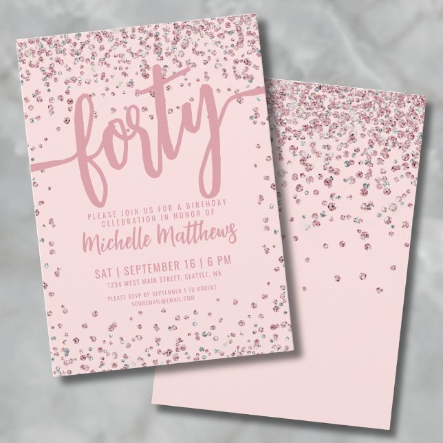 Rose Gold Glitter 40-årsdag Inbjudningar (Rose Gold Glitter 40th Birthday Invitation)
