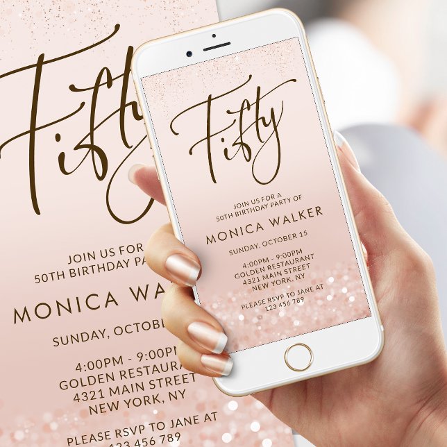 Rose Gold Glitter 50-årsfirande Mobil Inbjudan (Rose Gold Glitter 50th Birthday Mobile Invite)