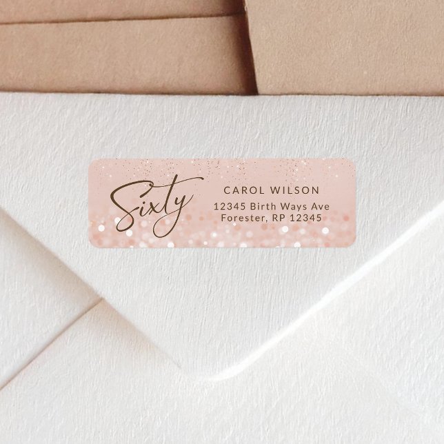 Rose Gold Glitter 60-årsfirande Returadress Etikett (Rose Gold Glitter 60th Birthday Return Address Label)