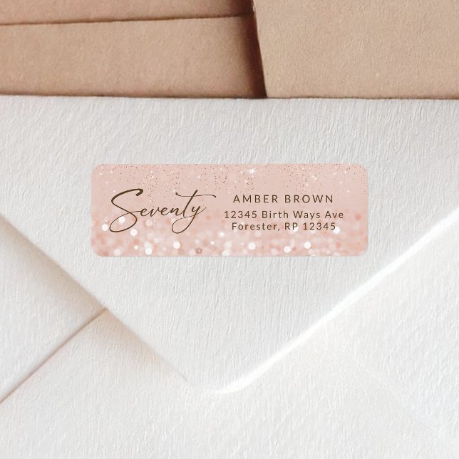 Rose Gold Glitter 70-års födelsedags returadress Etikett (Rose Gold Glitter 70th Birthday Return Address Label)