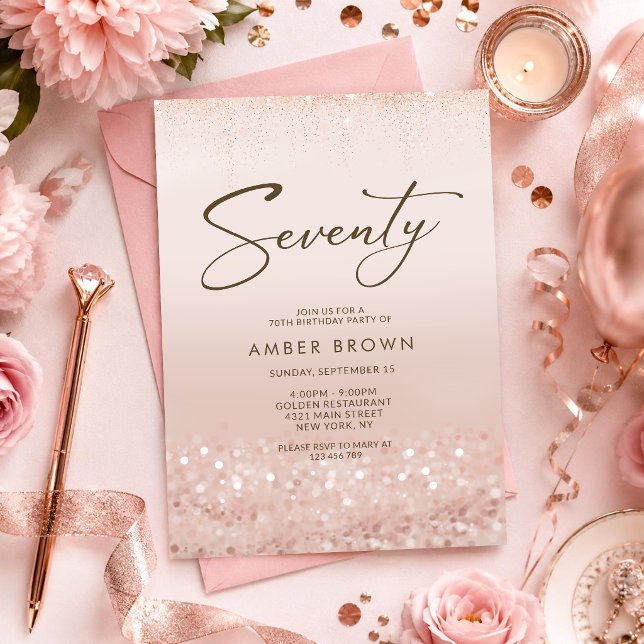 Rose Gold Glitter 70-års födelsedagsinbjudan Inbjudningar (Rose Gold Glitter 70th Birthday Invitation Card)