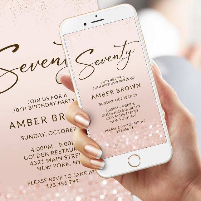 Rose Gold Glitter 70-årsfirande Mobil Inbjudan (Rose Gold Glitter 70th Birthday Mobile Invite)