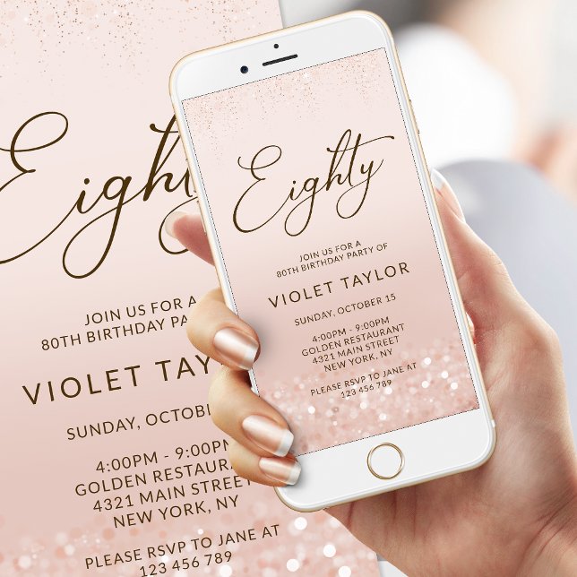 Rose Gold Glitter 80-årsdag Mobil Inbjudan (Rose Gold Glitter 80th Birthday Mobile Invite)
