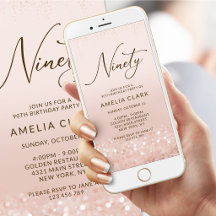 Rose Gold Glitter 90-års födelsedags mobil inbjuda