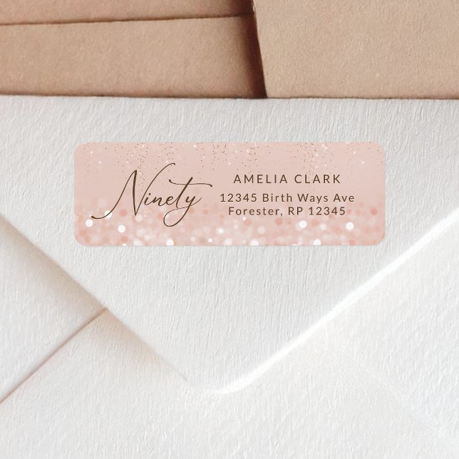 Rose Gold Glitter 90-års Födelsedags Returadress Etikett (Rose Gold Glitter 90th Birthday Return Address Label)