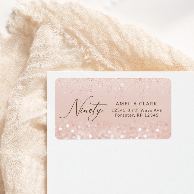 Rose Gold Glitter 90-års Födelsedagsadress Adressetikett (Rose Gold Glitter 90th Birthday Address Label)
