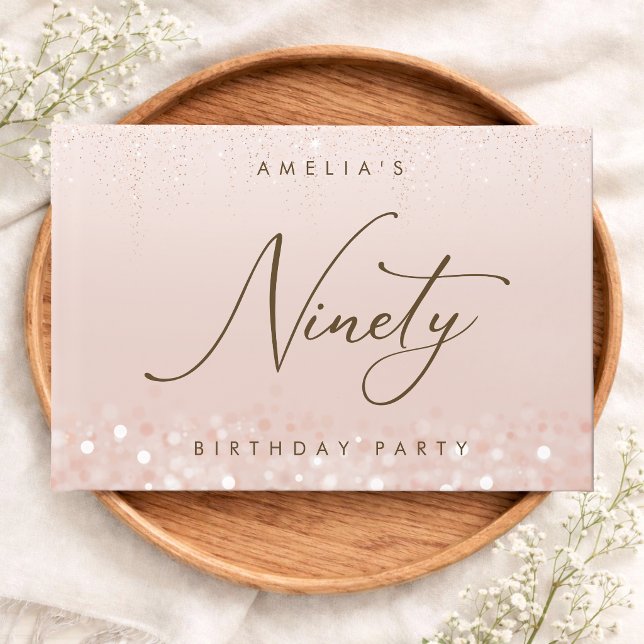 Rose Gold Glitter 90-årsfest Gästböcker (Rose Gold Glitter 90th Birthday Party Guest Book)
