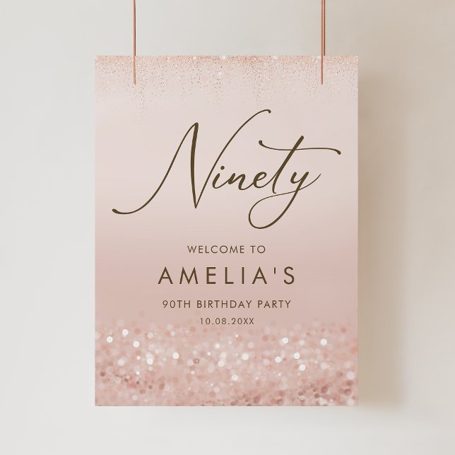 Rose Gold Glitter 90-årsfirande Affisch (Rose Gold Glitter 90th Birthday Party Poster)