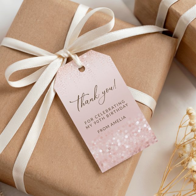 Rose Gold Glitter 90-årsfirande Presentetikett (Rose Gold Glitter 90th Birthday Party Gift Tags)