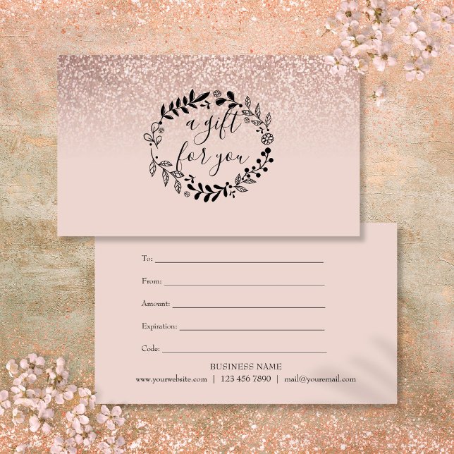 Rose Gold Glitter Affärspresentcertifikat Anteckningskort (Rose Gold Glitter Business Gift Certificate Note Card)