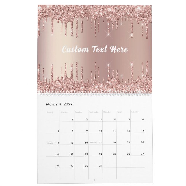 Rose Gold Glitter Anpassad Text Kalender Din Prese (Mar 2027)