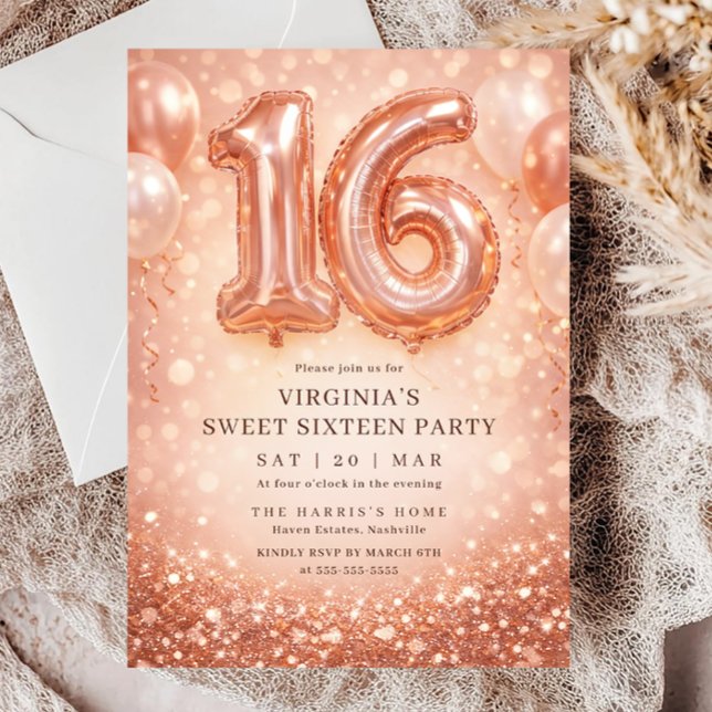 Rose Gold Glitter Ballong Söt Sexton Födelsedag Inbjudningar (Skapare uppladdad)