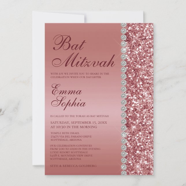 Rose Gold Glitter Bat Mitzvah-inbjudan Inbjudningar (Framsida)