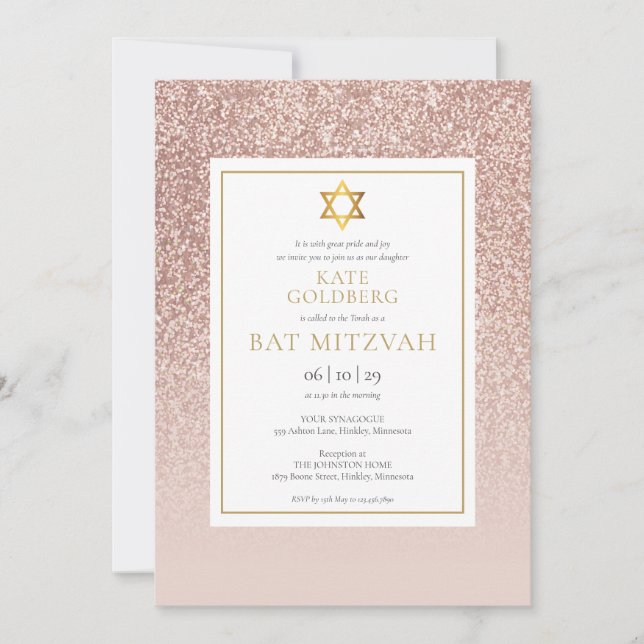 Rose Gold Glitter Bat Mitzvah Inbjudningar (Framsida)